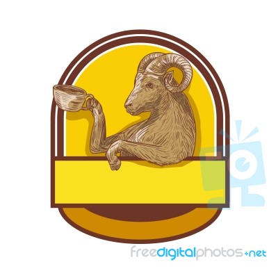 Ram Goat Drinking Coffee Crest Drawing Stock Image