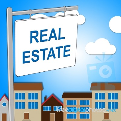 Real Estate Sign Shows Property Market And Building Stock Image