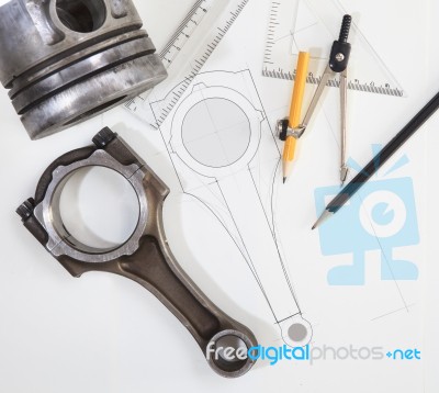 Real Used Aluminum Piston And Draft Man Drawing Working Table Us… Stock Photo