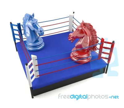 Red And Blue Chess Knight Confronting In Boxing Ring Stock Image