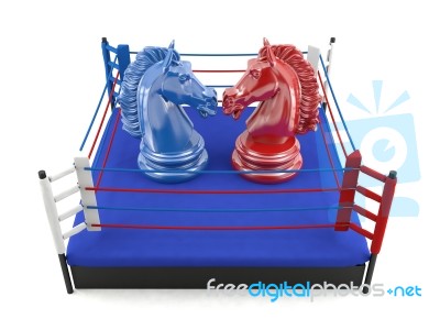 Red And Blue Chess Knight Confronting In Boxing Ring Stock Image