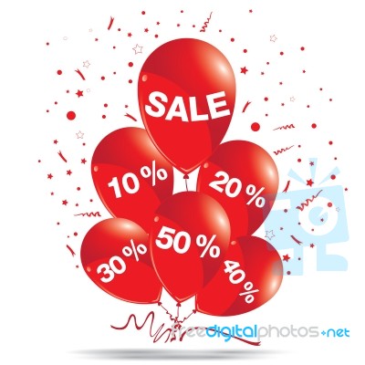 Red Balloons With Sale Isolated On White Background. Discount For Sale On A Balloons Concept Stock Image