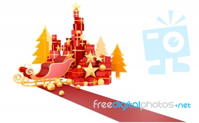 Red Carpet With Santa Sleigh And Gifts On White Background Stock Image