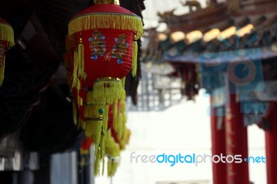 Red Chines Lanterns In Temple Background Stock Photo
