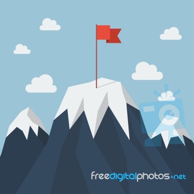 Red Flag On A Mountain Peak Stock Image