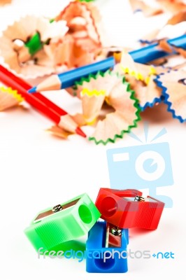 Red, Green And Blue Pencil Sharpener Stock Photo