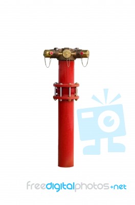 Red Metallic Fire Hydrant Connection On Street Isolated On White… Stock Photo