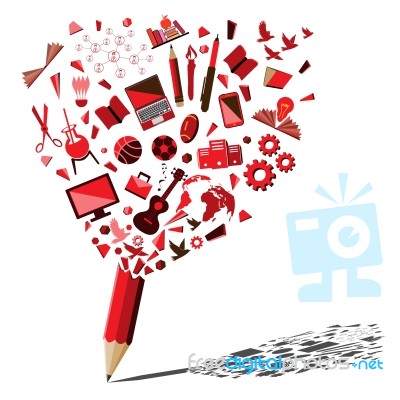 Red Pencil Breaking With Education And Business Symbols Concept Stock Image