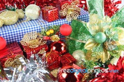 Red Ribbon And Accessory Decorations Of Christmas Day Stock Photo