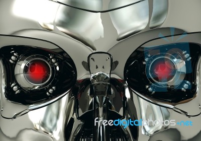 Red Robotic Eyeballs And Robot Skull In Metallic Surface, Cybernetic Technology Stock Image