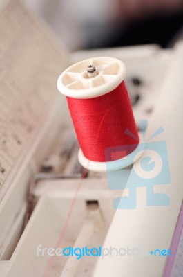 Red Thread In Sewing Machines Shallow Depth Of Field (soft Focus… Stock Photo