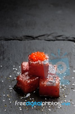 Red Tuna Sashimi With Salmon Roe Stock Photo