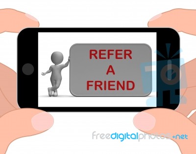 Refer A Friend Phone Shows Suggesting Website Stock Image
