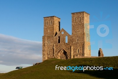 Remains Of Reculver Church Towers Bathed In Late Afternoon Sun I… Stock Photo