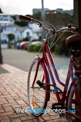 Retro Red Bike In City Stock Photo Retro Red Bike In City Stock Photo