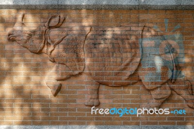 Rhinoceros Relief On The Wall Outside The Zoo In Berlin Stock Photo
