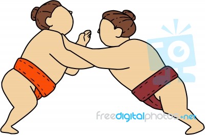 Rikishi Sumo Wrestler Pushing Side Mono Line Stock Image
