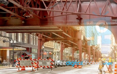 Road Closed Signs Under The Chicago Elevated Subway Stock Photo
