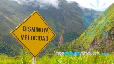 Road Sign On A Mountain Road In Peru Stock Photo