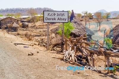Road Sign To Derek Abay Village In Ethiopia Stock Photo