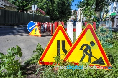 Road Signs Road Repairs Stock Photo