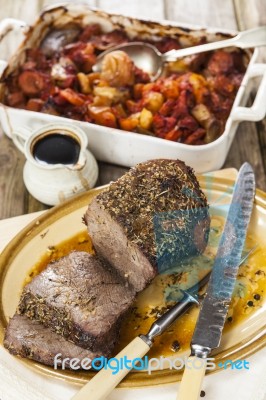 Roast Beef Joint With Roast Vegetables Stock Photo Roast Beef Joint With Roast Vegetables Stock Photo