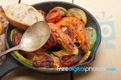 Roasted Shrimps With Zucchini And Tomatoes Stock Photo