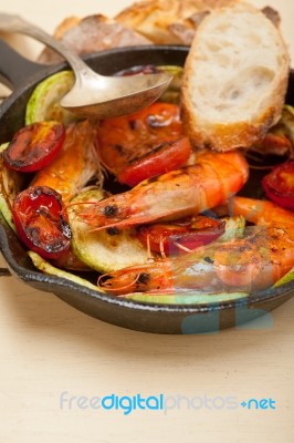 Roasted Shrimps With Zucchini And Tomatoes Stock Photo