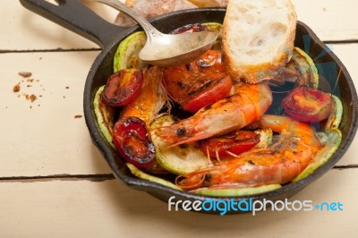 Roasted Shrimps With Zucchini And Tomatoes Stock Photo