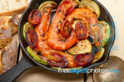 Roasted Shrimps With Zucchini And Tomatoes Stock Photo