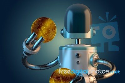 Robot Hold Bitcoin Coins. 3d Illustration. Isolated. Contains Clipping Path Stock Image