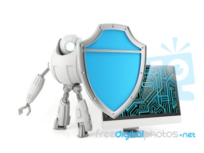 Robot Holding Shield Protecting Computer Stock Image