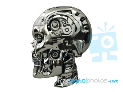 Robot Skull With Metallic Surface And Blue Glowing Eyes On Side View Stock Image