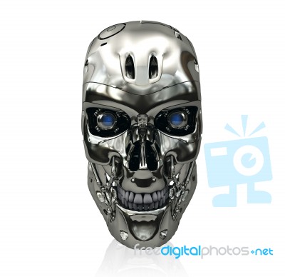Robot Skull With Metallic Surface And Blue Glowing Eyes Smiling Stock Image