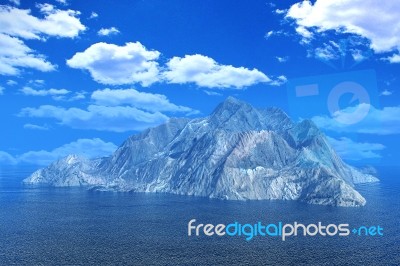 Rock Mountain Island In Ocean Under Cloud Blue Sky Stock Image