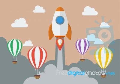 Rocket Launching Over The Hot Air Balloons Stock Image