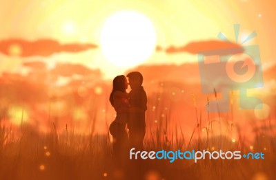 Romantic Couple In Grass Field,3d Rendering Stock Image