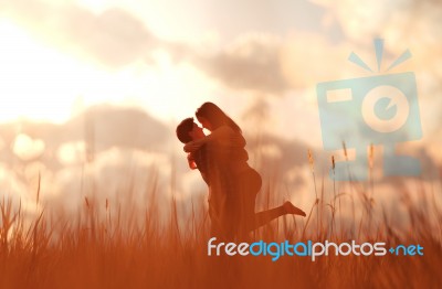 Romantic Couple In Grass Field,3d Rendering Stock Image