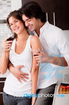 Romantic Couple With Wine Stock Photo