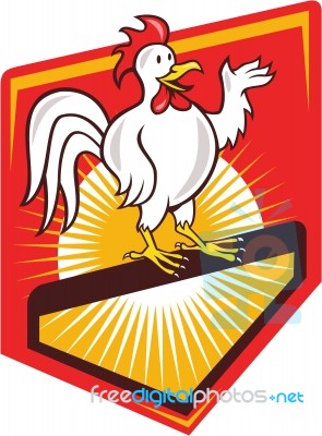 Rooster Cockerel Waving Hello Shield Cartoon Stock Image