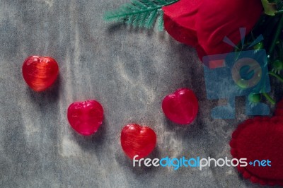 Roses And A Hearts On Board, Valentines Day Background, Wedding Stock Photo