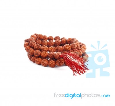 Rudraksha Rosary In A Female Hand. Japa Mala Stock Photo