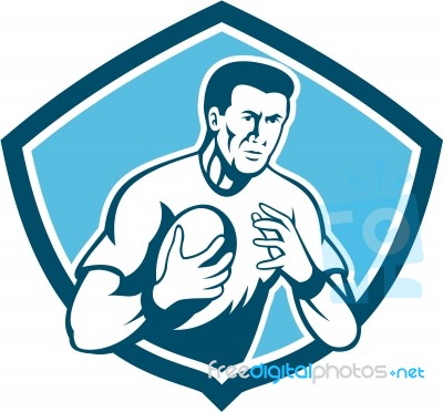 Rugby Player Running Ball Shield Cartoon Stock Image