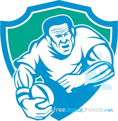 Rugby Player Running Ball Shield Linocut Stock Image