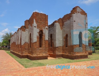 Ruin Ancient Brick Church In History Park Stock Photo