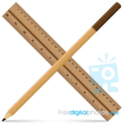 Ruler With Pencil On A Wooden Design. Wooden Ruler And Pencil Isolated On White Background. Object Tool Stock Image