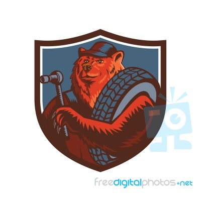 Russian Bear Tireman Shield Mascot Stock Image