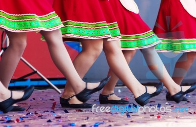 Russian Girls In Traditional Costumes Dancing On Stage Stock Photo