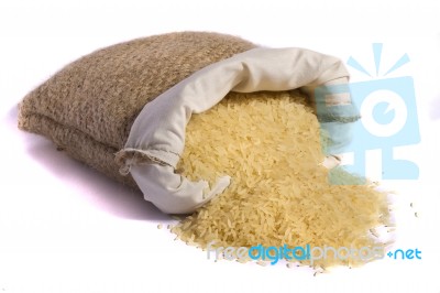 Sack Of Yellow Rice Stock Photo