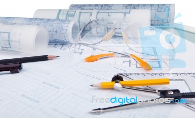 Safety Glasses And Writing Equipment Of Architect Stock Photo